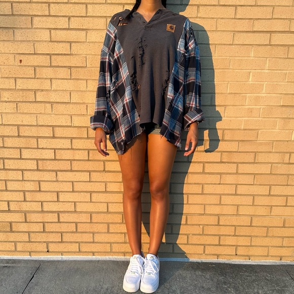 Tops - Distressed Grey and Blue Flannel